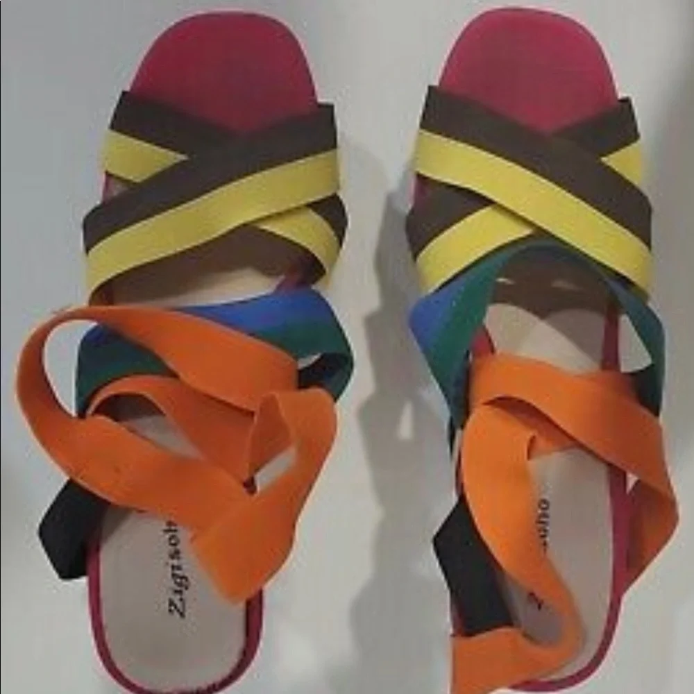 Zigi Soho Multicolor Striped Wedge Sandals - Orange, Pink, Yellow, Blue, Black